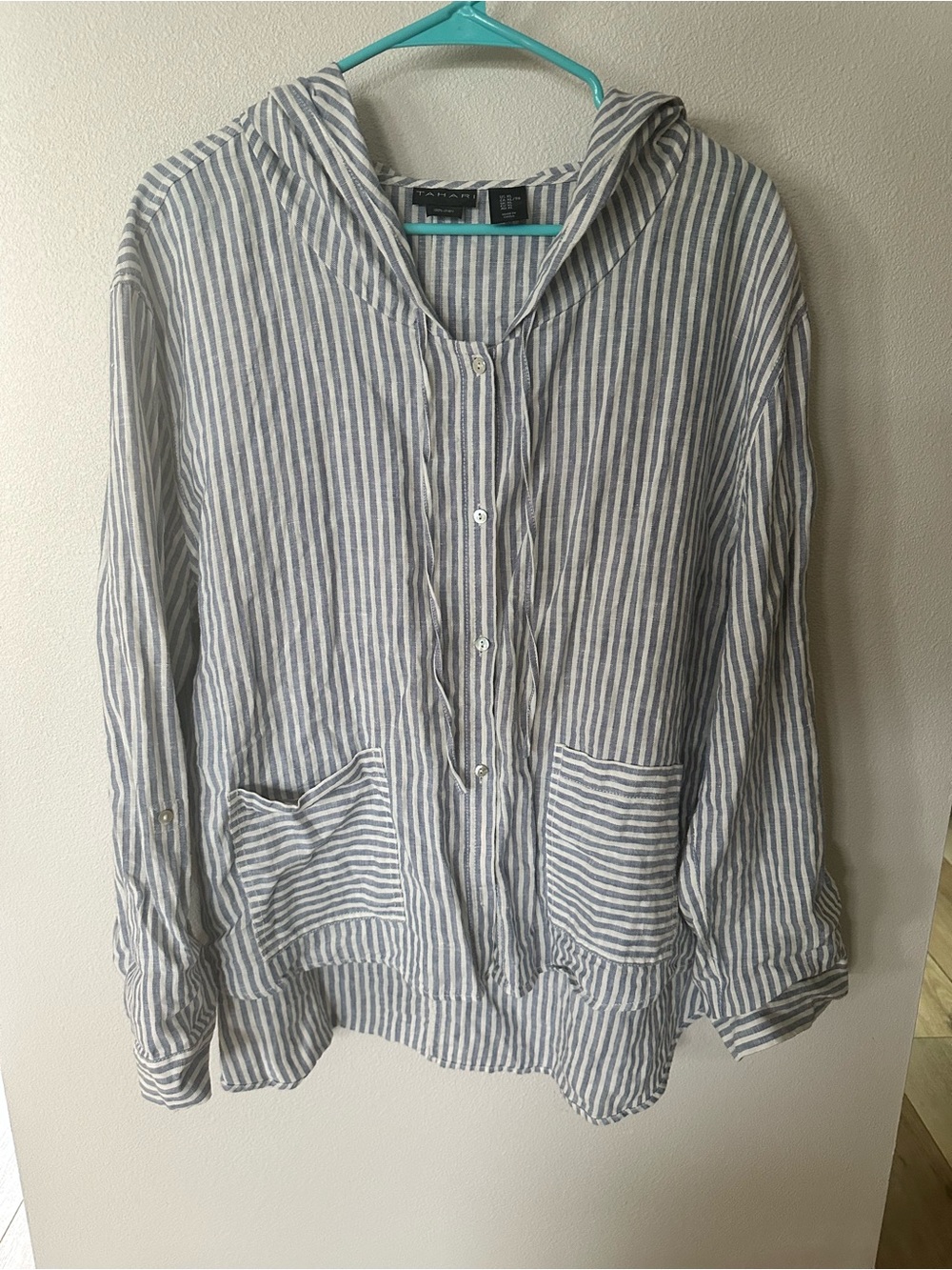 Tahari Linen Hooded Button Down Stripe Jacket Women Size XL